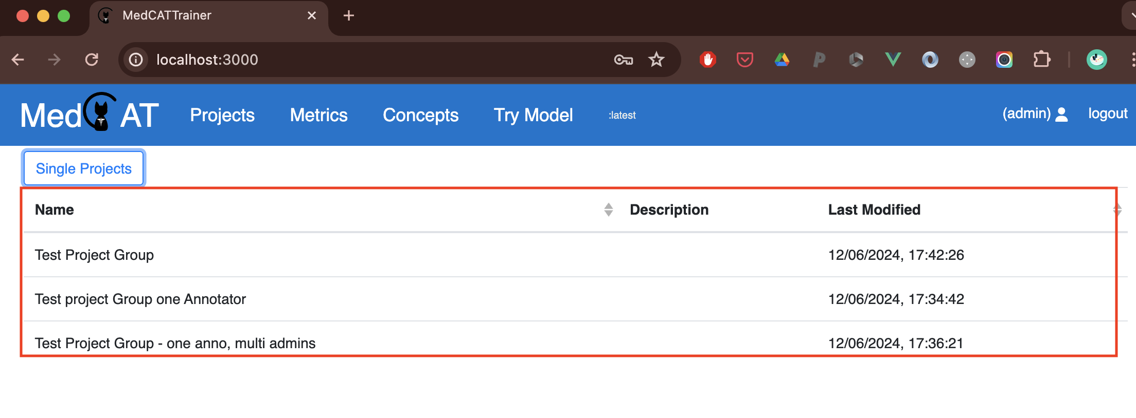 Project Groups view
